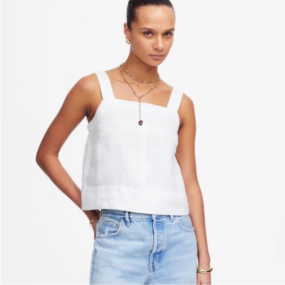 NWT Madewell Contrast-Stitch Squareneck Sleeveless Top in 100% Linen XL - Picture 1 of 12